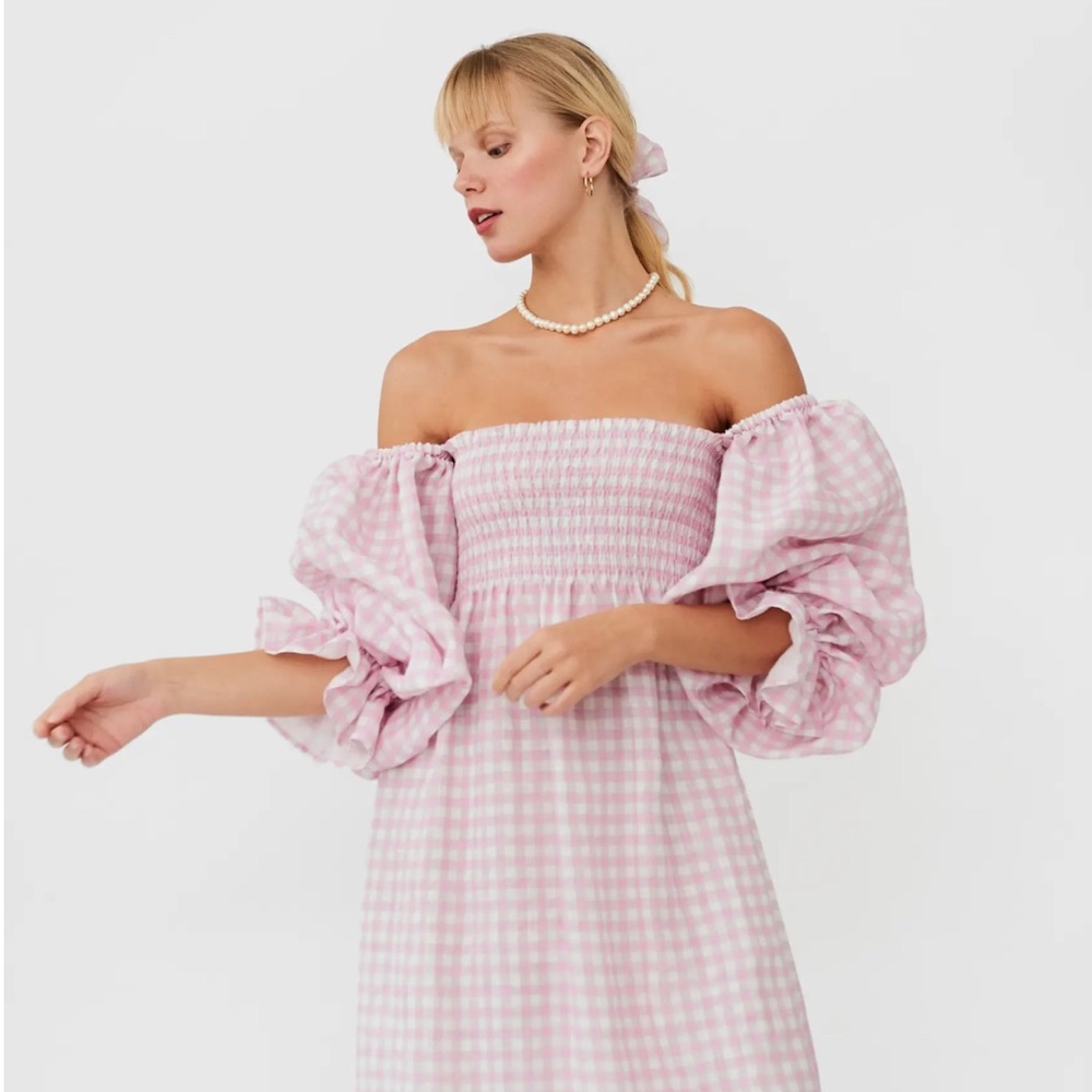 Sleeper, Pink Gingham, Atlanta Off-the-Shoulder Maxi Dress, Size Small